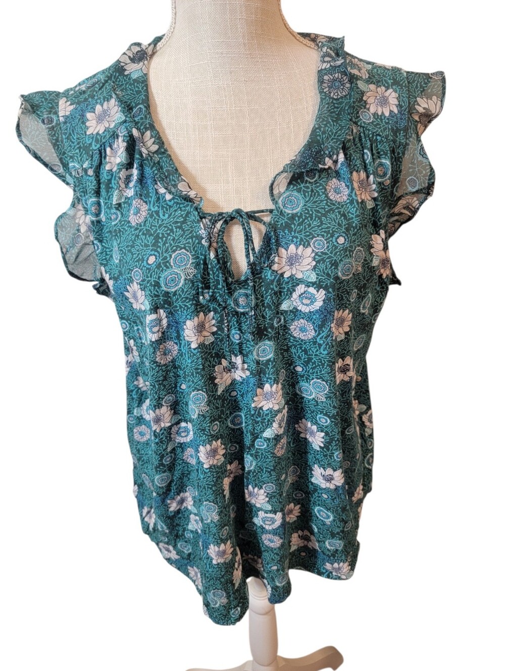 Lucky Brand Teal/Cream Floral Flutter Sleeve Tie-Neck Blouse Size XL